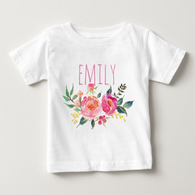 Camiseta De Bebé Nombre personalizado Bebé Chica acuarela Floral-8 (Anverso)