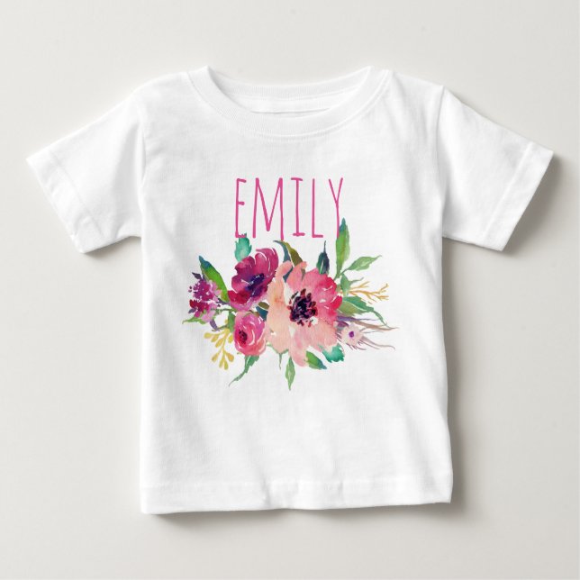 Camiseta De Bebé Nombre personalizado Bebé Chica acuarela Floral-9 (Anverso)