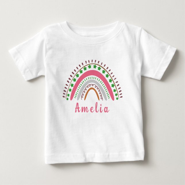 Camiseta De Bebé Nombre personalizado con arcoíris boho caprichoso (Anverso)