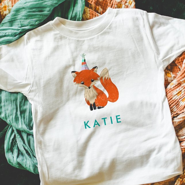 Camiseta De Bebé Nombre personalizado del Gorra Fiesta de Fox de Cu (Fox in a party hat kids birthday party personalized t-shirt.)