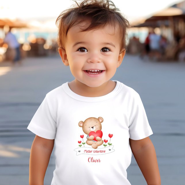 Camiseta De Bebé Nombre personalizado del niño de San Valentín del  (Cute Bear Mister Valentine Boy Personalized Name Toddler T-shirt)