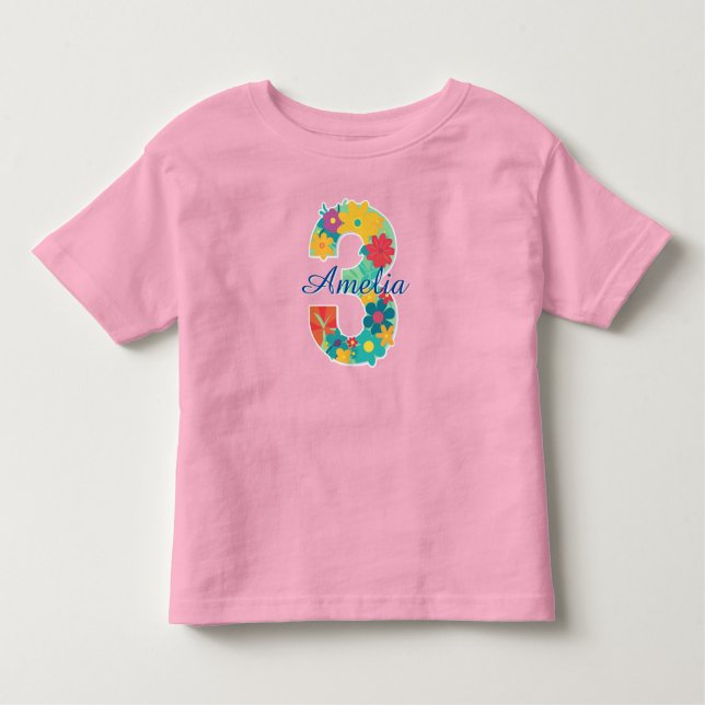 Camiseta De Bebé Nombre personalizado en el número floral 3-Toddler (Anverso)