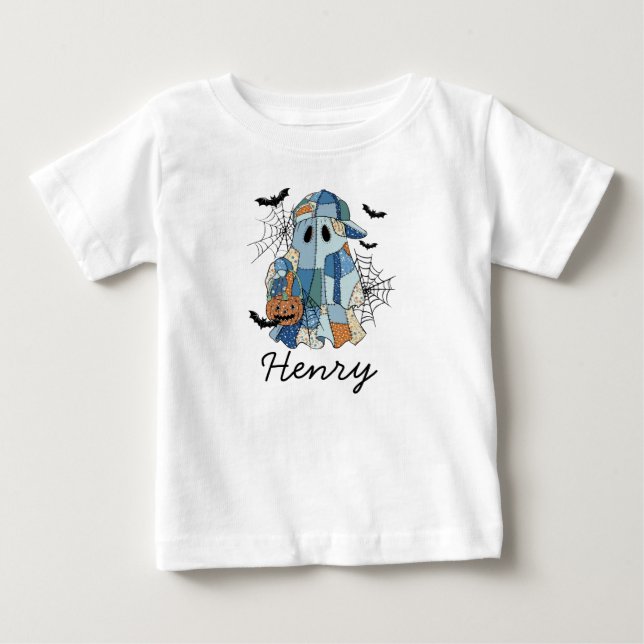 Camiseta De Bebé Nombre personalizado Halloween Ghost Boy Toddler & (Anverso)