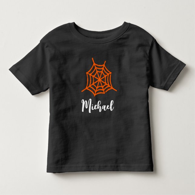Camiseta De Bebé Nombre Personalizado Naranja Telaraña de Halloween (Anverso)