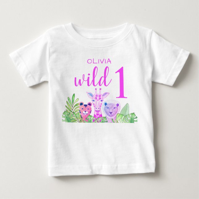Camiseta De Bebé Nombre personalizado niña Uno salvaje rosa Animale (Anverso)