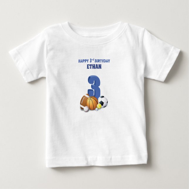 Camiseta De Bebé Nombre personalizado niño cumpleaños 3 deportes pe (Anverso)