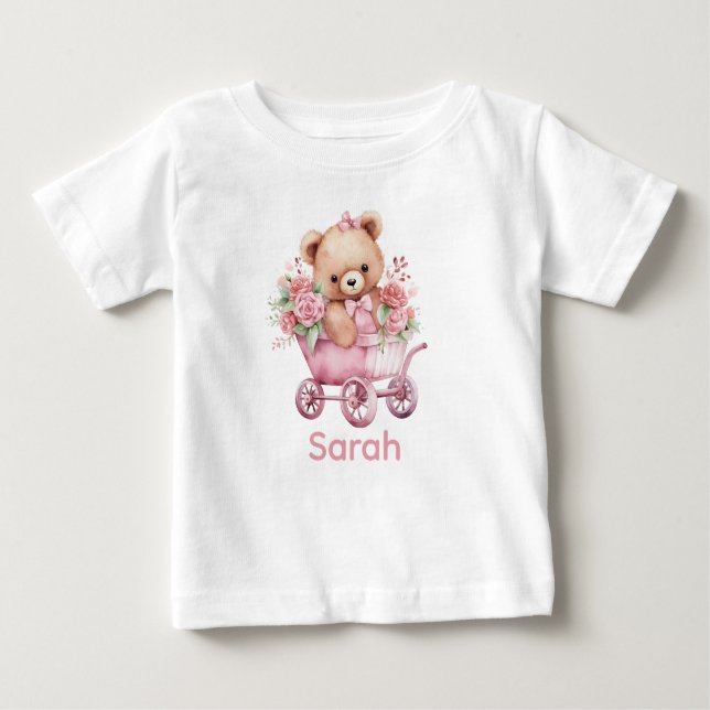 Camiseta De Bebé Nombre personalizado Oso rosa Oso Bebé Shirt (Anverso)