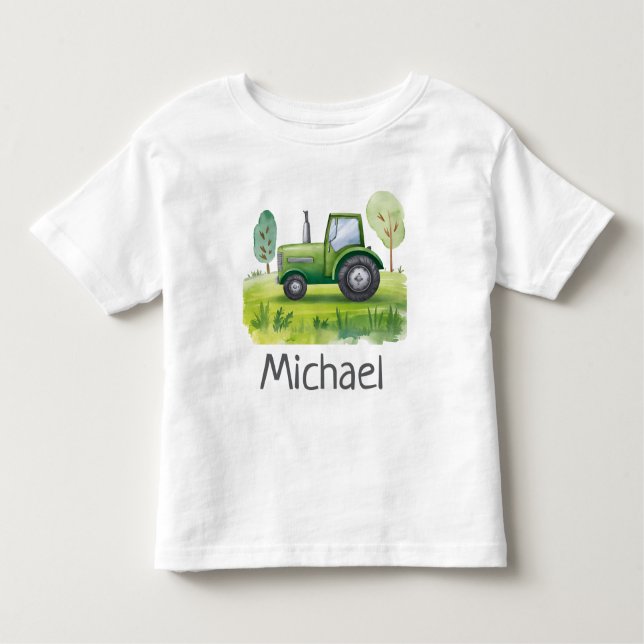 Camiseta De Bebé Nombre Personalizado Tractor Verde Granja Acuarela (Anverso)