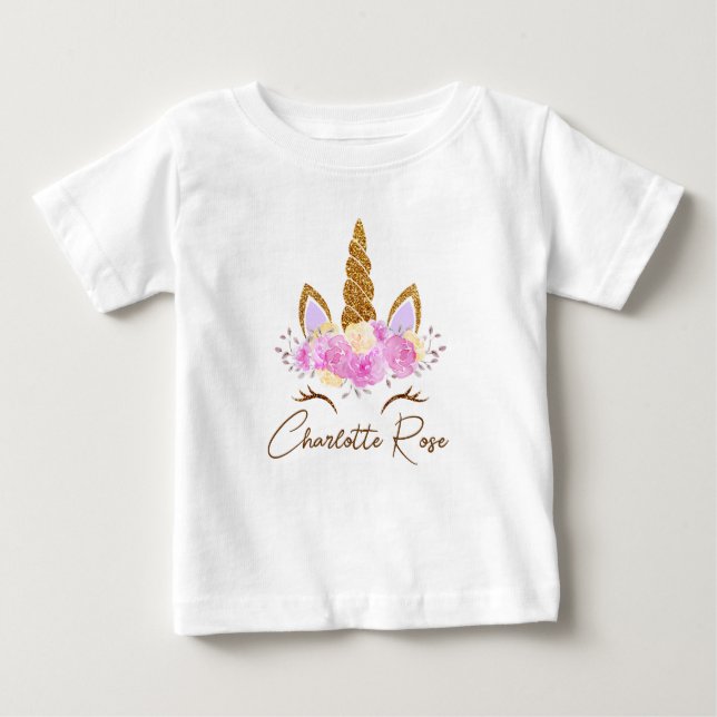 Camiseta De Bebé Nombre Personalizado Unicornio Floral Niñas  (Anverso)