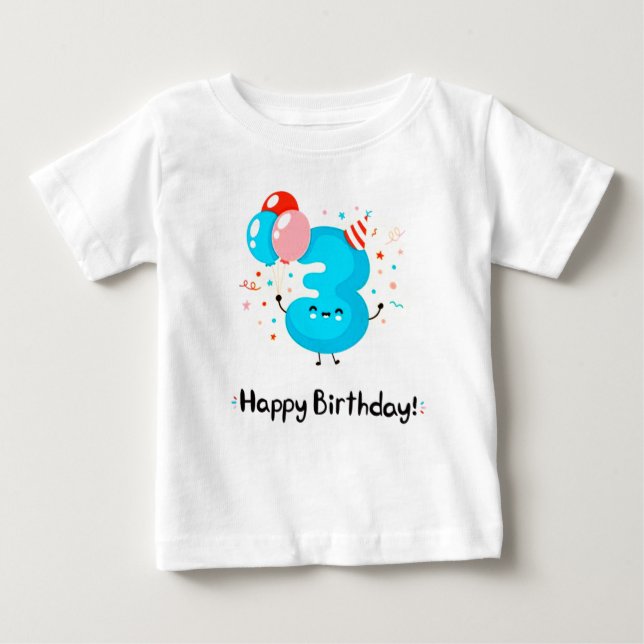 Camiseta De Bebé Número 3 sonriente lindo con globos en cumpleaños (Anverso)