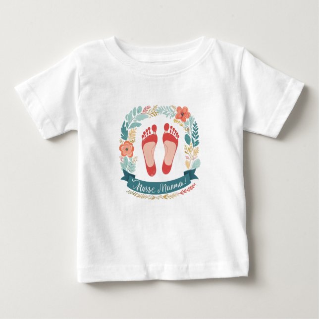 Camiseta De Bebé Nurse Mamma with Baby Footprints and Floral Frame (Anverso)