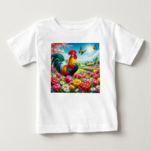 Camiseta De Bebé Obra de arte de gallos/gallos/gallinas con flores/