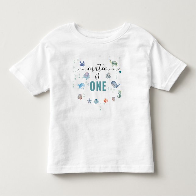Camiseta De Bebé Ocean Animal un nombre personalizado Primer cumple (Anverso)