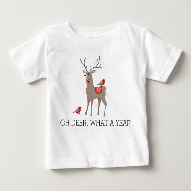 Camiseta De Bebé OH DEER QUÉ AÑO - Ciervo y pájaros navideños lindo (Anverso)