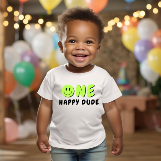 Camiseta De Bebé One Happy Dude 1er cumpleaños Green Smiley (Subido por el creador)