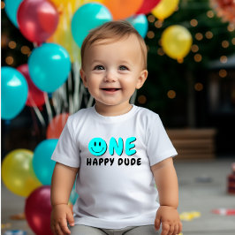 Camiseta De Bebé One Happy Dude First Birthday Blue Smiley