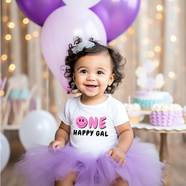 Camiseta De Bebé One Happy Gal First Birthday Pink Smiley (Subido por el creador)