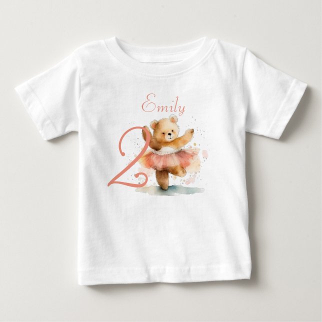 Camiseta De Bebé Osita bailarina acuarela rosa Cumpleaños (Anverso)