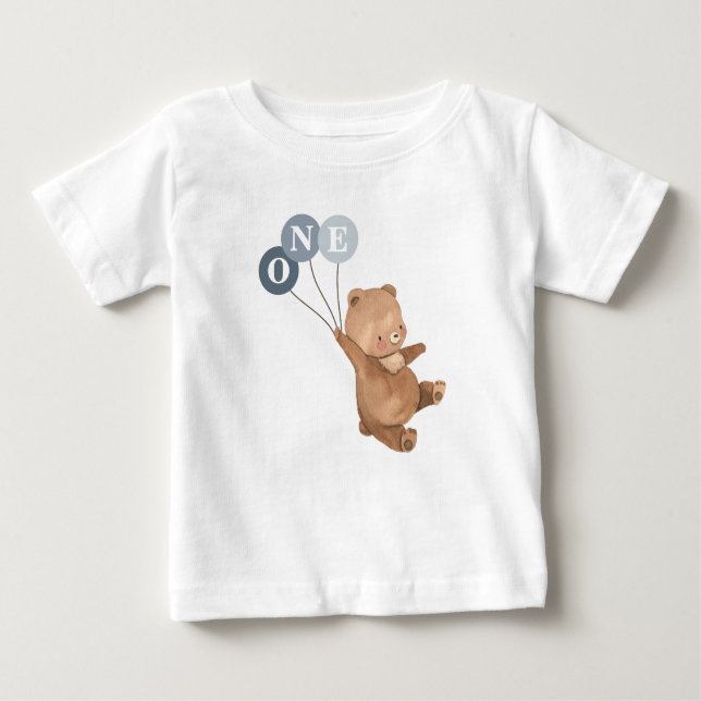 Camiseta De Bebé Oso con 3 globos azules Primer cumpleaños (Anverso)