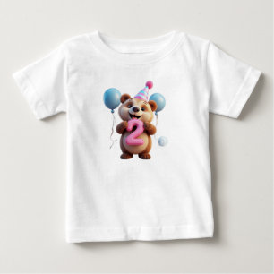 Camiseta De Bebé Oso de cumpleaños lindo con sombrero de fiesta y g