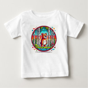 Camiseta De Bebé Oso de dibujos animados en un bosque colorido