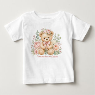 Camiseta De Bebé Oso de felpa en acuarela con corona floral rosa pe