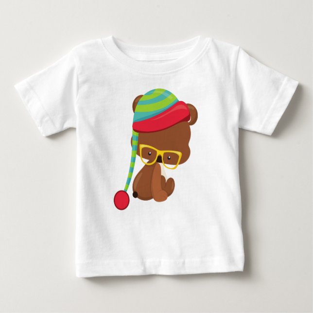 Camiseta De Bebé Oso De Invierno, Oso Hipster, Oso Con Gafas, Gorra (Anverso)