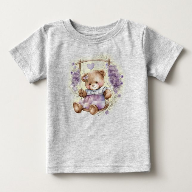 Camiseta De Bebé Oso De Teddy Marrón Vestido De Lavanda (Anverso)