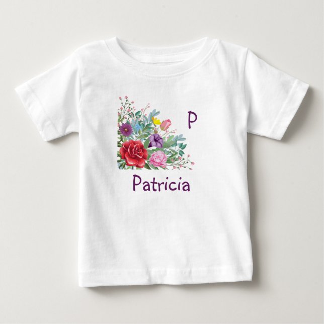 Camiseta De Bebé P Patricia Personaliza Letra Name, Flores Rosas (Anverso)