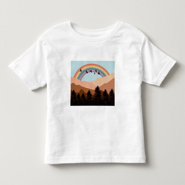 Camiseta De Bebé Paisaje Resumen Árboles forestales Arcoiris y Aves (Anverso)