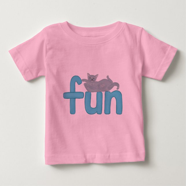 Camiseta De Bebé palabra divertida en aqua con gato gris juguetón,  (Anverso)