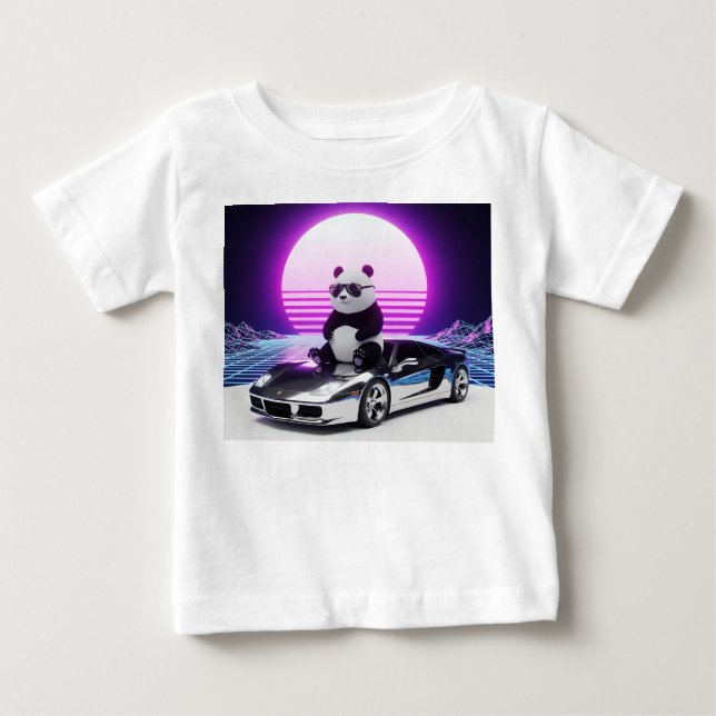 Camiseta De Bebé Panda de Synthwave de los 80 en coche cromado (Anverso)