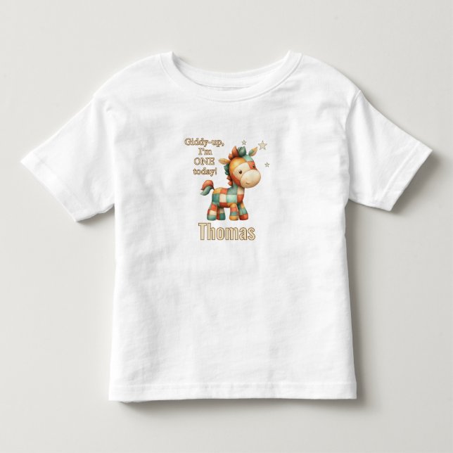 Camiseta De Bebé Parche Pony Patchwork Giddy-Up Primer Cumpleaños (Anverso)