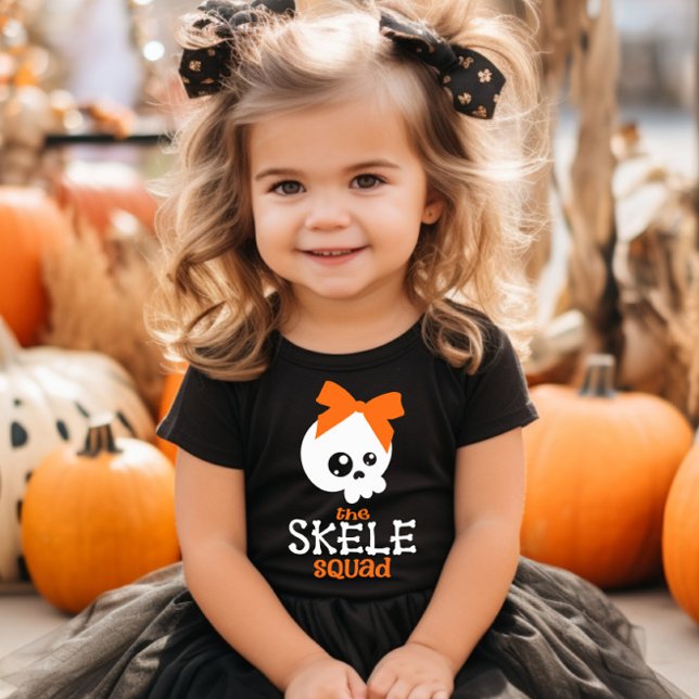 Camiseta De Bebé Pareja de familia Skele Squad Bow Naranja Hallowee (Subido por el creador)