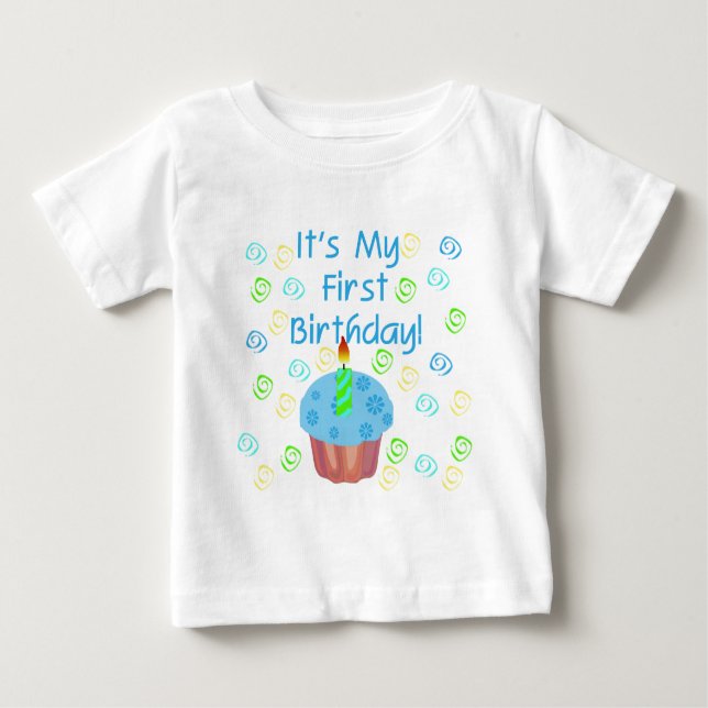 Camiseta De Bebé Pastel azul con Vela Primer Cumpleaños (Anverso)
