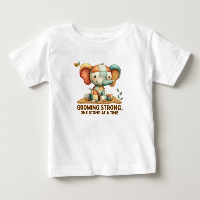 Camiseta De Bebé Patchwork Elephant “Growing Strong”   (Anverso)