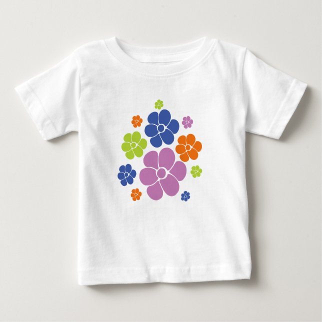 Camiseta De Bebé Patrón de flores: azul, Naranja, púrpura, verde (Anverso)