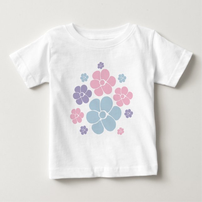 Camiseta De Bebé Patrón de flores en azul, lila y rosa (Anverso)