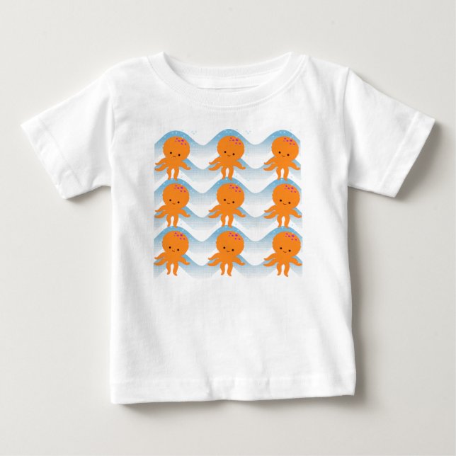 Camiseta De Bebé Patrón Octopus Y Ondas Azules naranjas (Anverso)