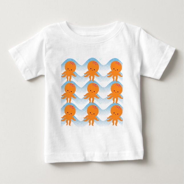 Camiseta De Bebé Patrón Octopus Y Ondas Azules naranjas (Anverso)