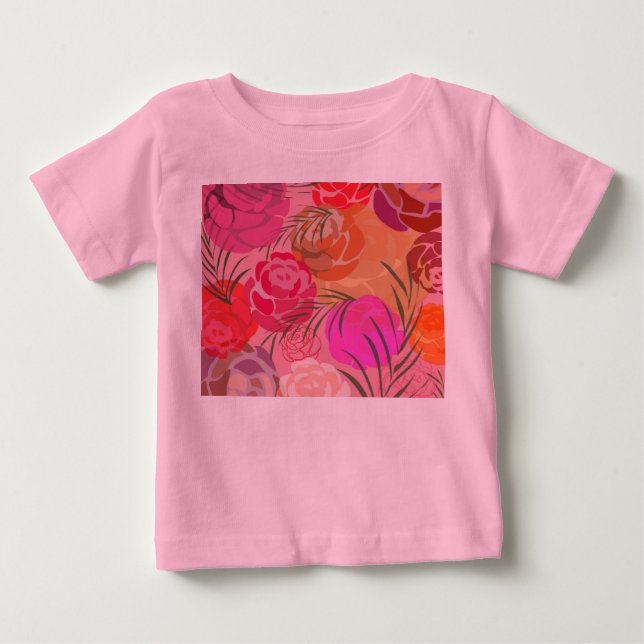 Camiseta De Bebé Patrón rosa con flores y plantas (Anverso)