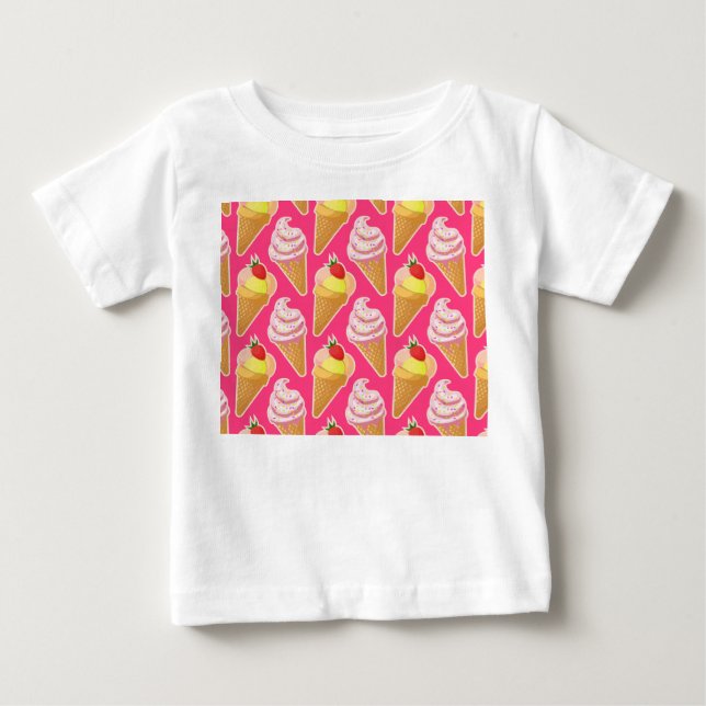 Camiseta De Bebé Patrón rosa de Kawaii con helado de fresa (Anverso)