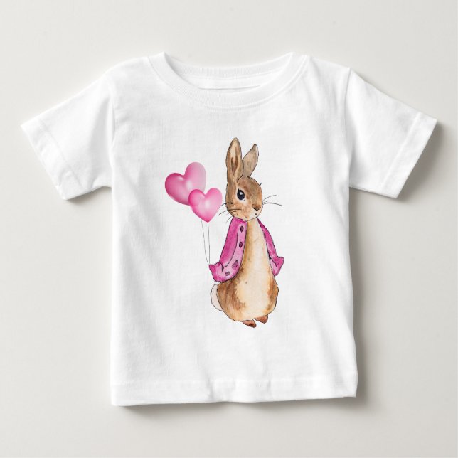 Camiseta De Bebé Pedro el Conejo con globos de corazón rosados (Anverso)
