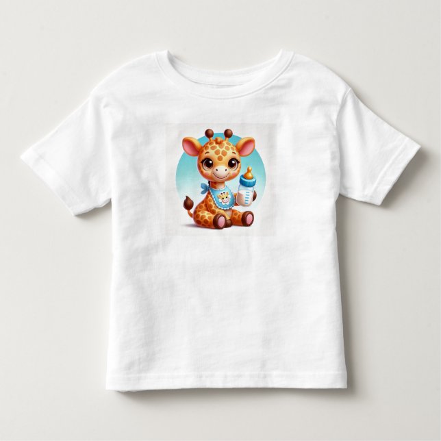 Camiseta De Bebé Pequeña jirafa de bebé sosteniendo una botella (Anverso)