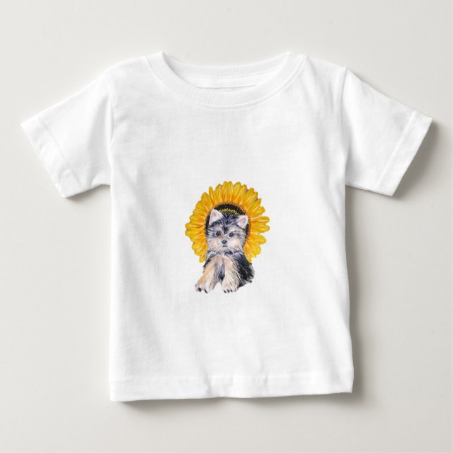 Camiseta De Bebé Pequeño cachorro de Yorkshire y arte de girasol (Anverso)