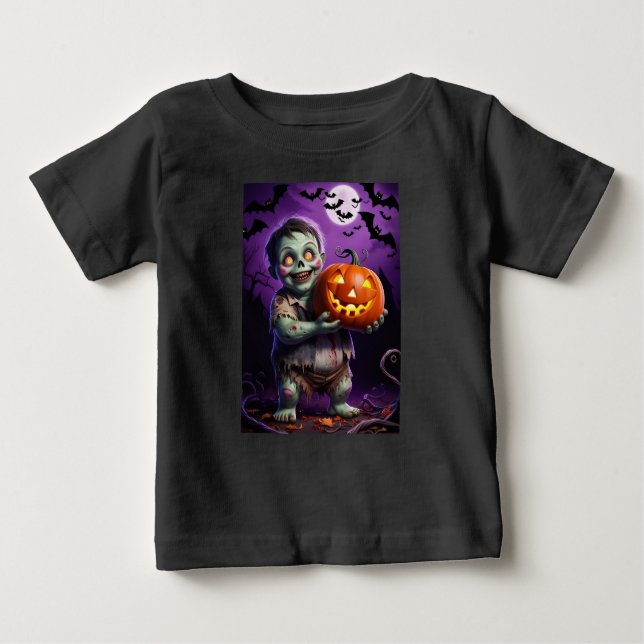 Camiseta De Bebé Pequeño monstruo verde y amigo de calabaza (Anverso)