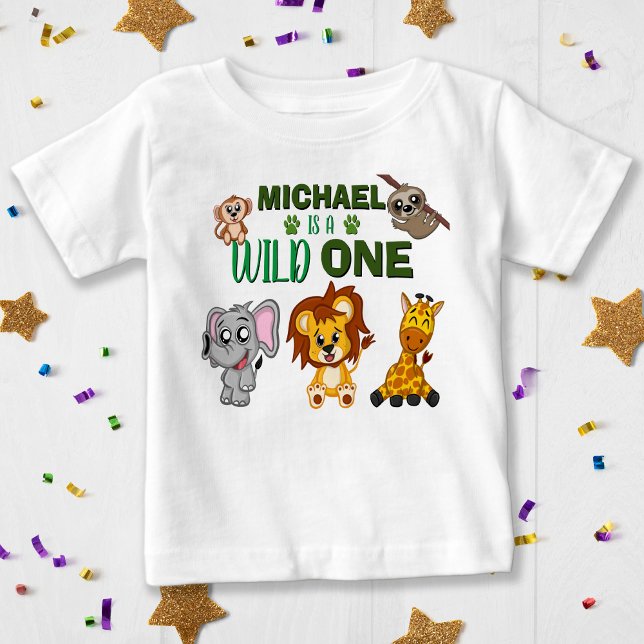 Camiseta De Bebé Pequeños animales salvajes de una jungla Safari pr (Cute Wild One Jungle Safari Animals First Birthday Baby T-Shirt)