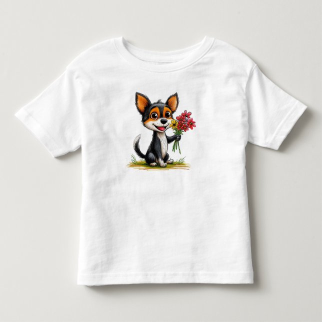 Camiseta De Bebé Perrito Adorable Con Flores Regalo Para Niños (Anverso)