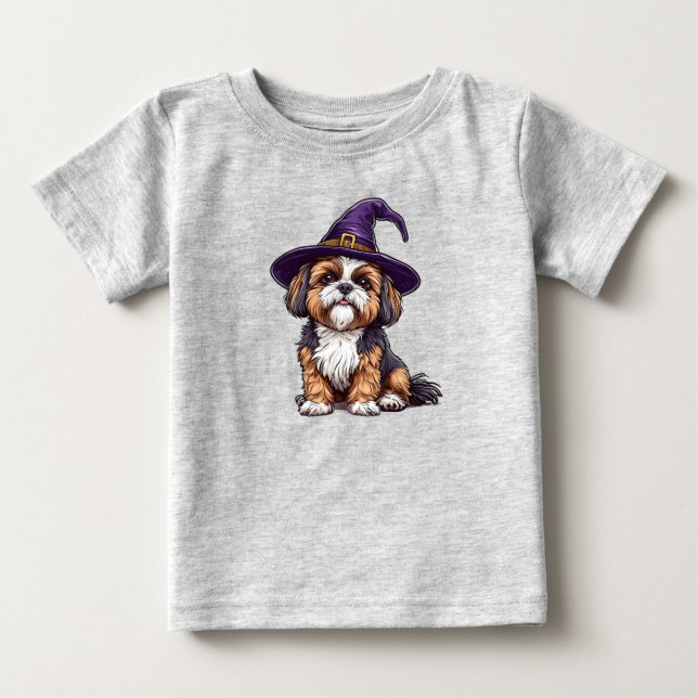 Camiseta De Bebé Perrito Adorable con Sombrero de Brujo de Hallowee (Anverso)