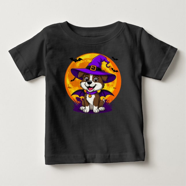 Camiseta De Bebé Perro Alegre Disfrazado de Sombrero de Bruja (Anverso)